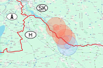 Sperrzonen der aktuellen MKS-Ausbrüche; blauer Kreis: Sperrzone in Ungarn, rote Kreise: Sperrzonen in der slowakischen Republik
© Staatliche Veterinär- und Lebensmittelverwaltung der Slowakischen Republik, modifiziert von Mag. Stefan Fucik